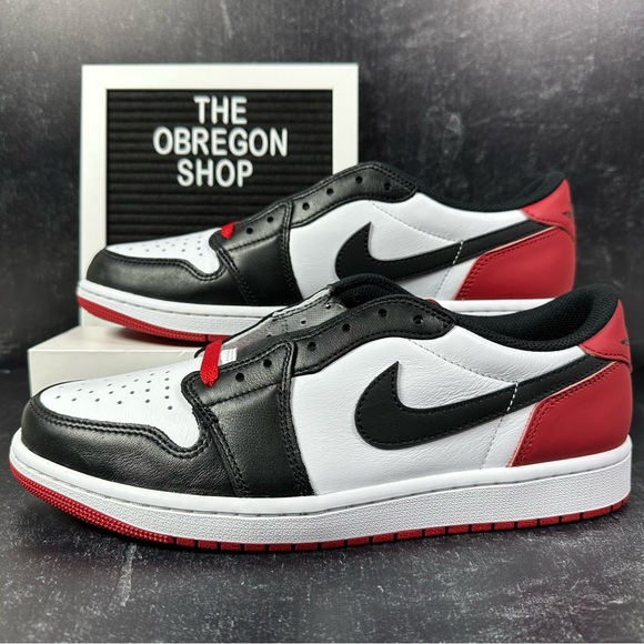 NIKE AIR JORDAN 1 RETRO LOW OG BLACK TOE MENS SHOES SIZE 10.5 LEATHER WHITE RED - Picture 1 of 11